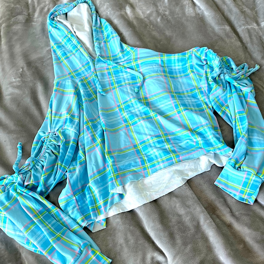 DollsKill croptop Longsleeve hoodie plaidblueneon